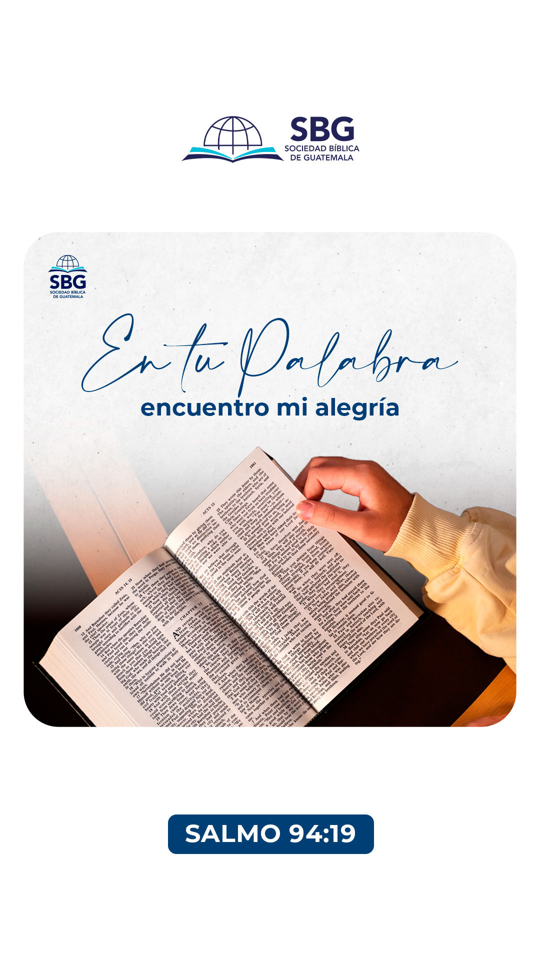 🕊📖 En medio de las preocupaciones que se agolpan en mi mente, tú me das consuelo y alegría. SALMO 94:19 DHH 

#SBG #SociedadBiblica #Guatemala #Guate #GT #FelizDia #Sonrisa #HappyDay #Biblia #Dios #Biblia #DiaMundialDeLaSonrisa